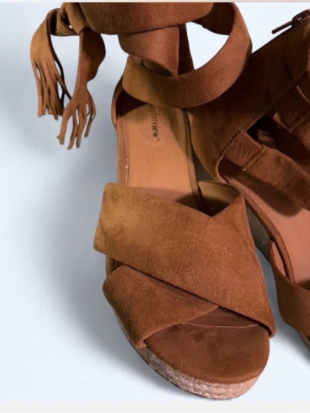 Boho tan suede fringe wedge sandals Extrawide Comfortview
